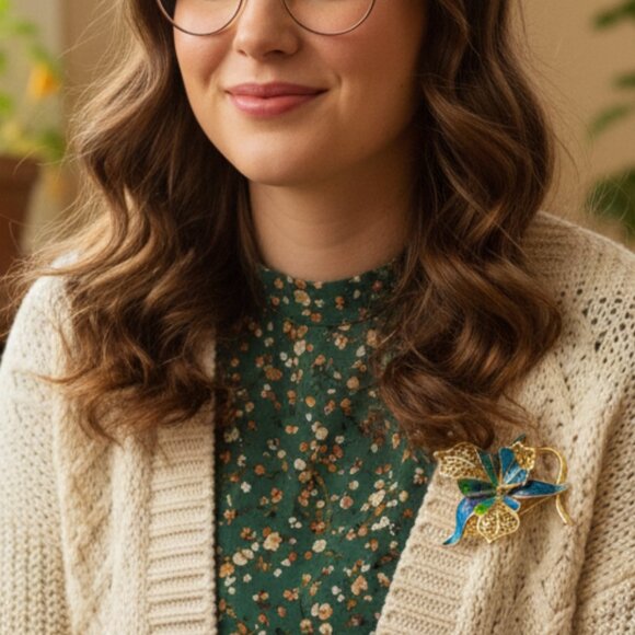 Vintage Inspired Enamel Flower Brooch - Elegant Gold Tone Accent - Picture 5 of 5